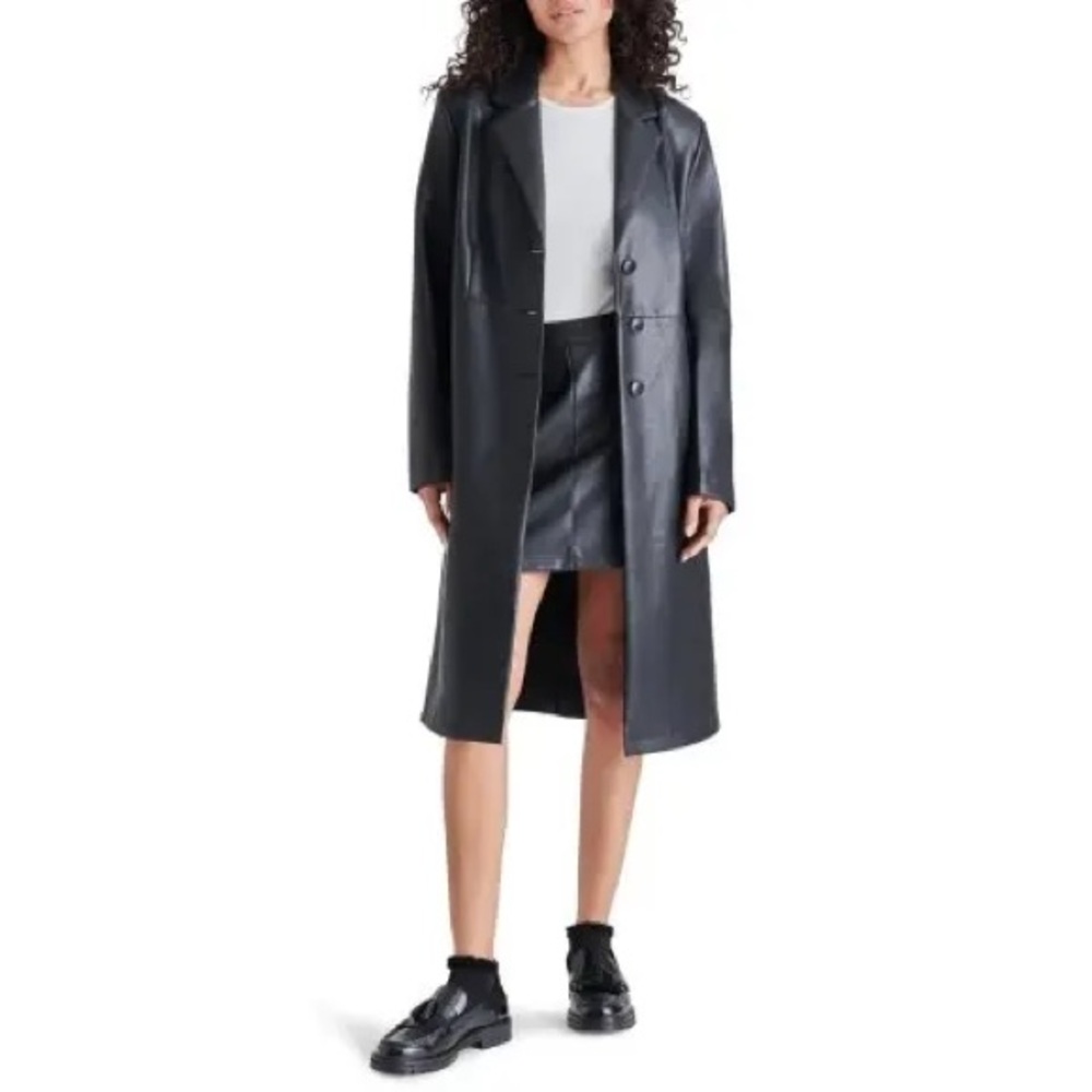 STEVE MADDEN Tailored Faux Leather Trench Coat In Black size XL New